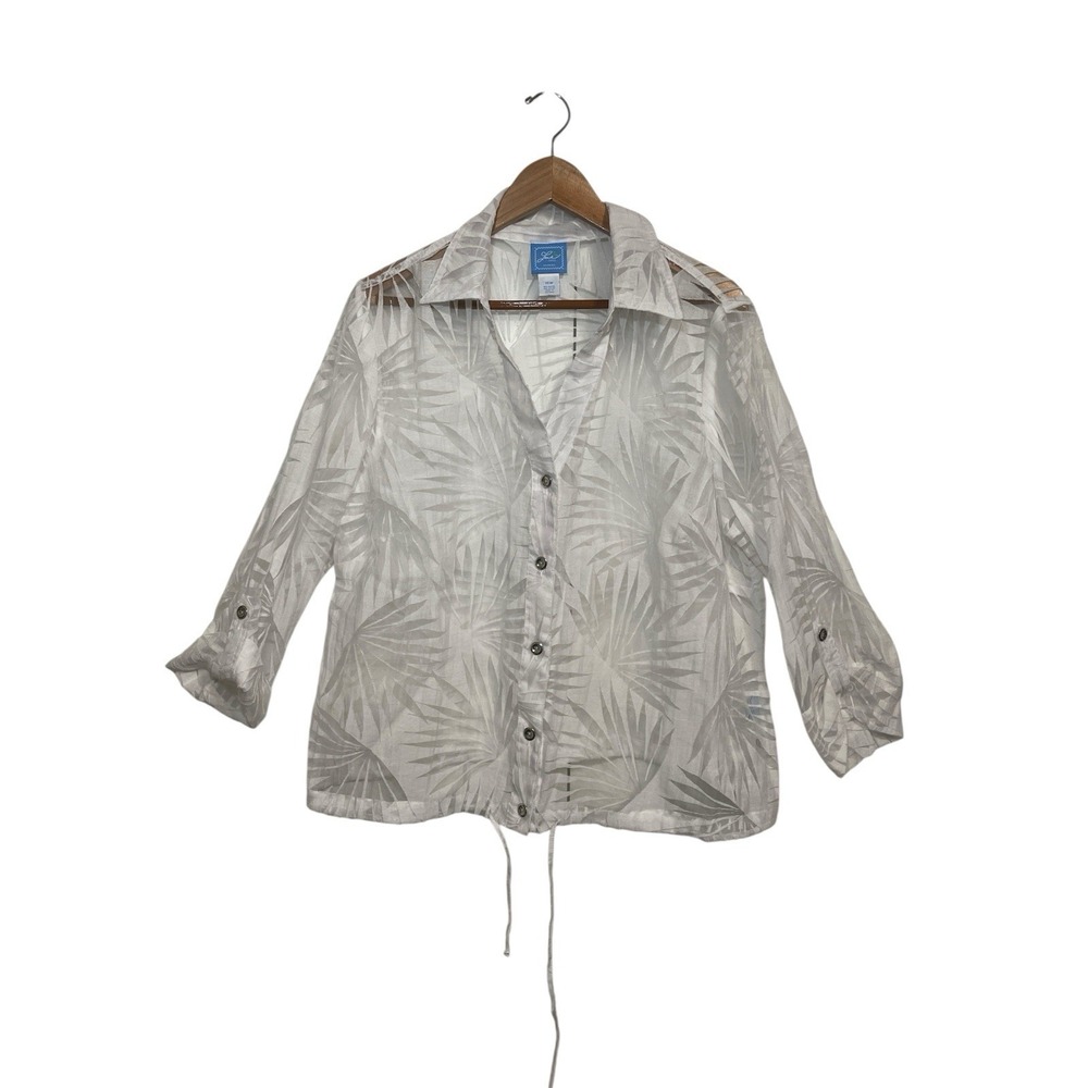 Lola Lane‎ Woman White Sheer Palm Leaf Button Up 3/4 Sleeve Top Plus Size 16W